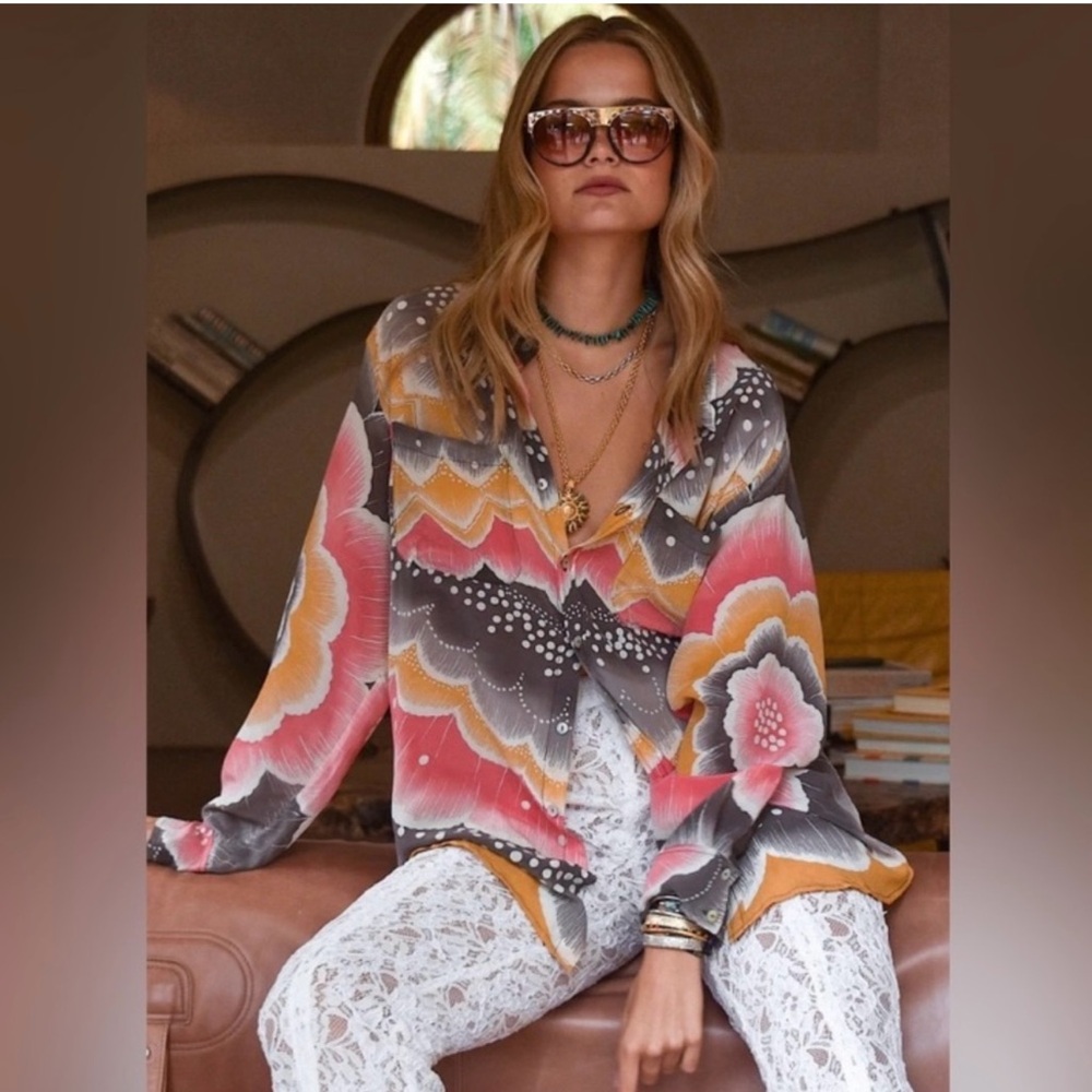 Chasing Unicorns Thinking of a Place Hand Painted Silk Crepe Shirt